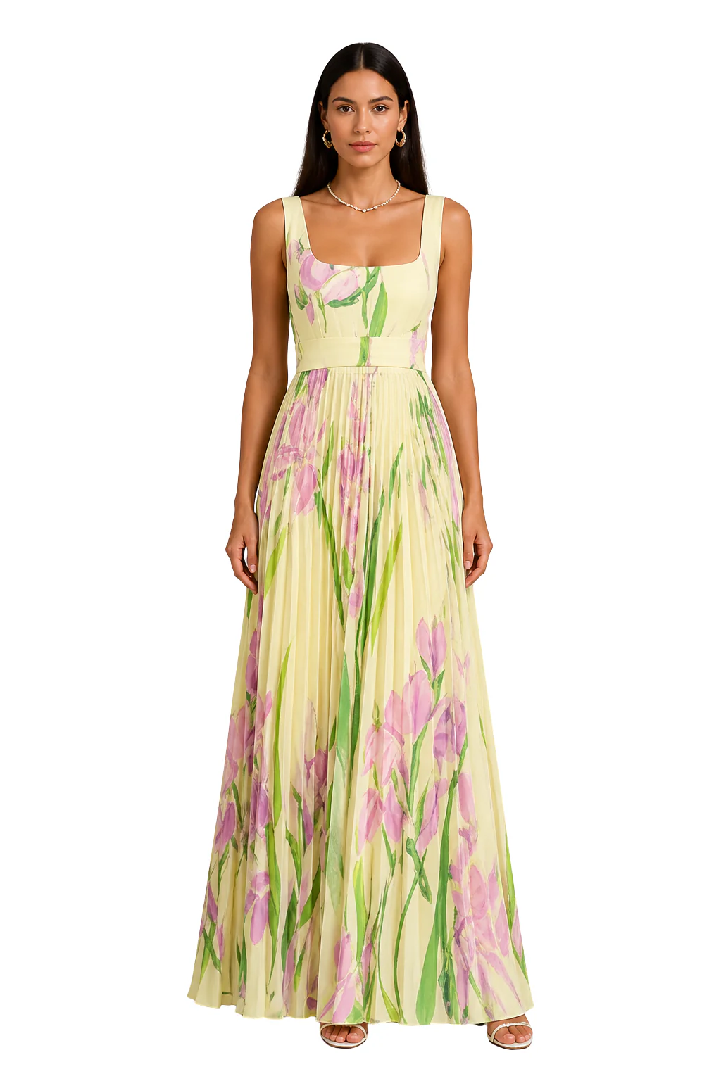Genevieve | Women Floral Pleated Square Neck Wedding Guest Maxi Dress - Image 4