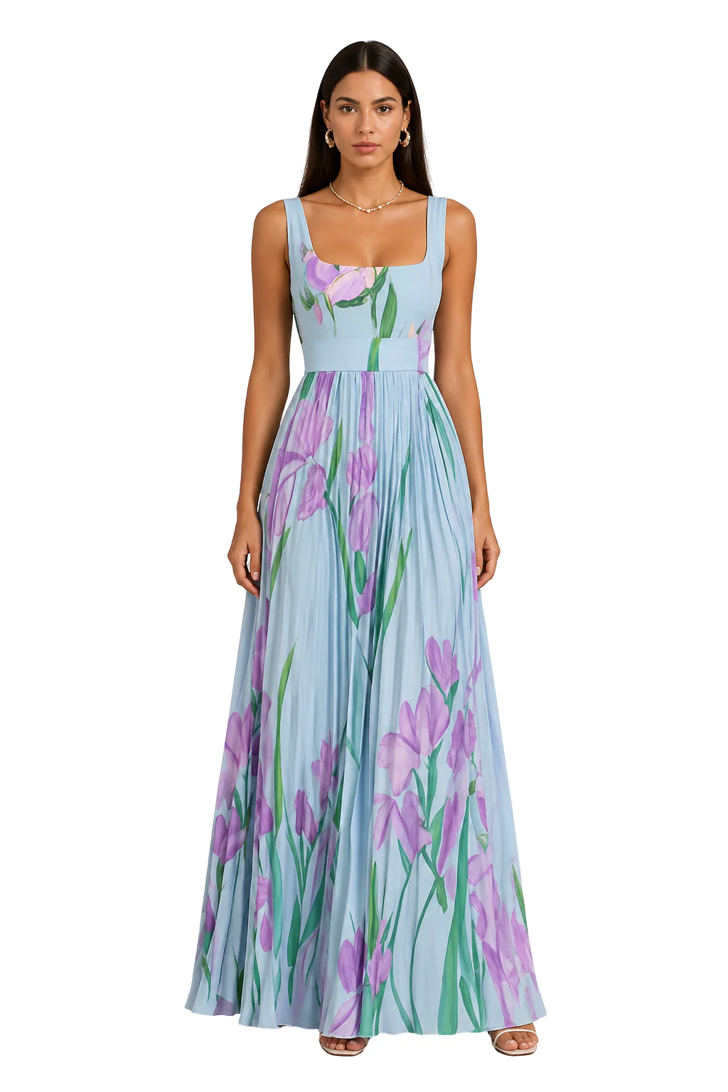 Genevieve | Women Floral Pleated Square Neck Wedding Guest Maxi Dress - Image 6