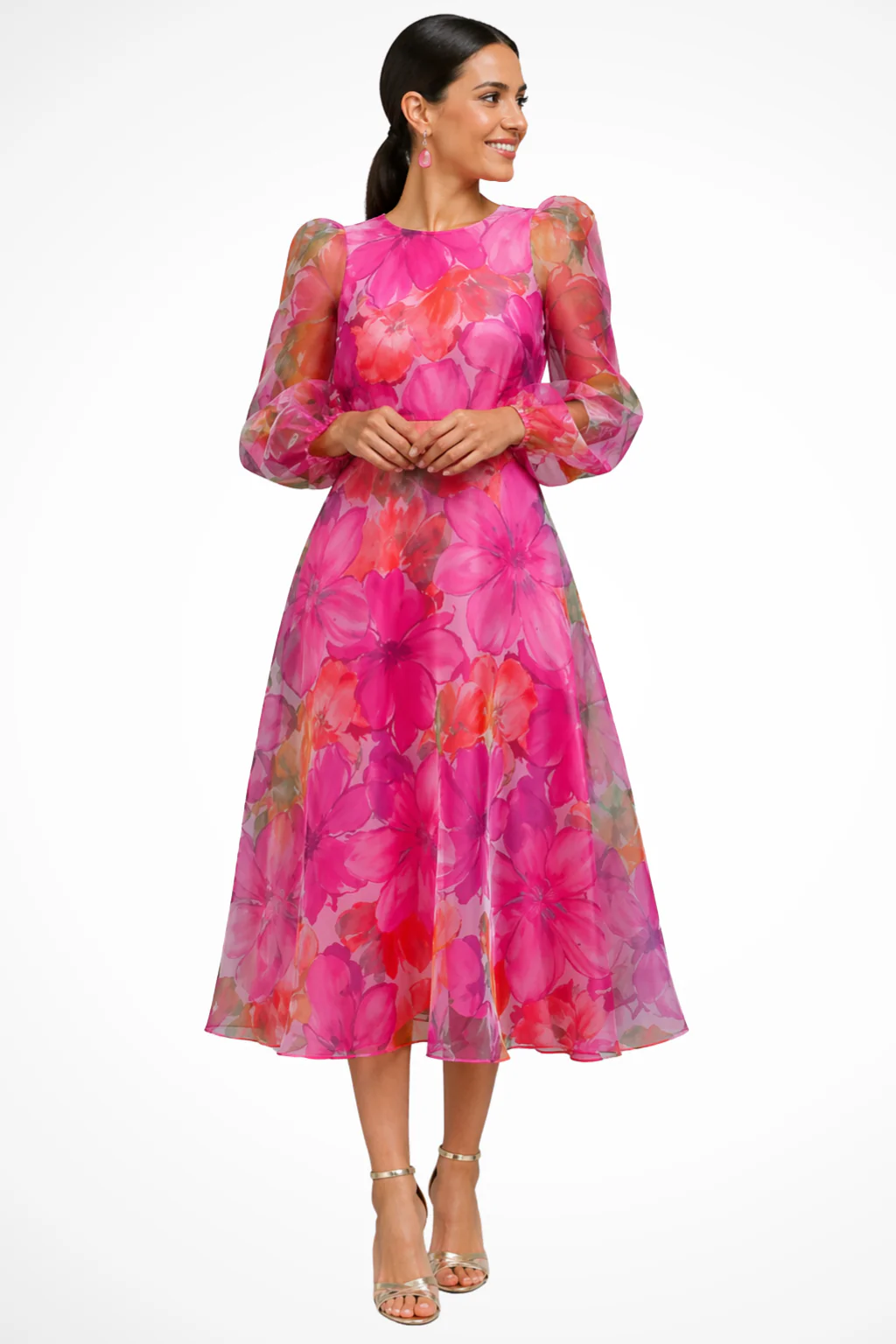 Genevieve | Women Puff Sleeve Floral Wedding Guest Midi Dress
