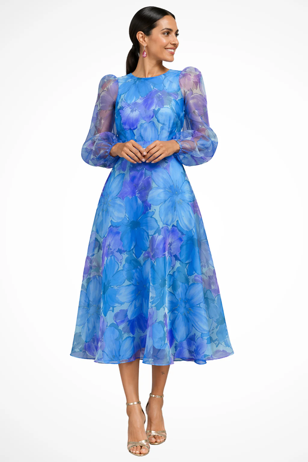 Genevieve | Women Puff Sleeve Floral Wedding Guest Midi Dress - Image 2