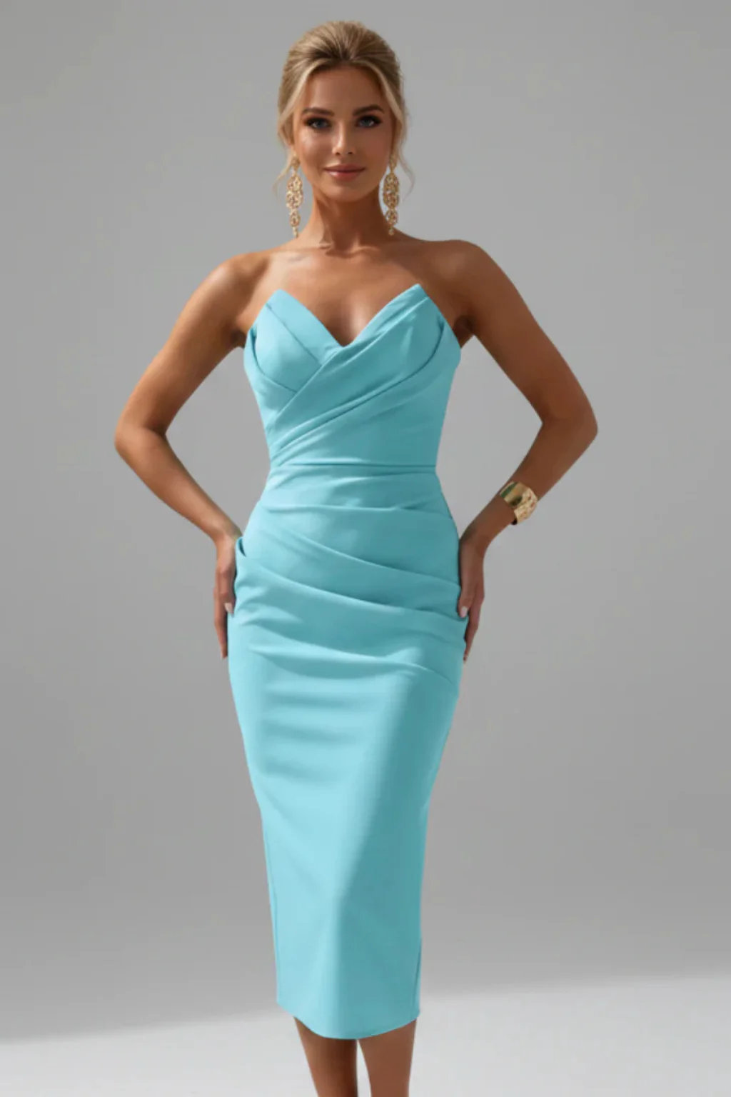 Genevieve | Women Strapless Sweetheart Neckline Ruched Midi Dress - Image 11