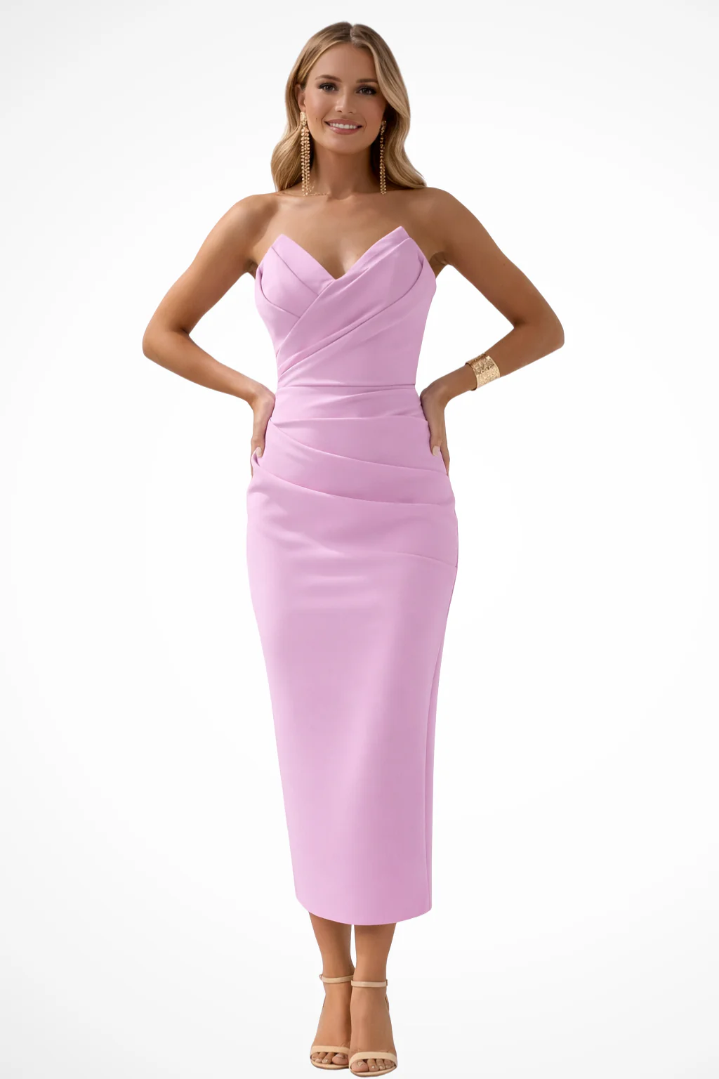 Genevieve | Women Strapless Sweetheart Neckline Ruched Midi Dress - Image 14