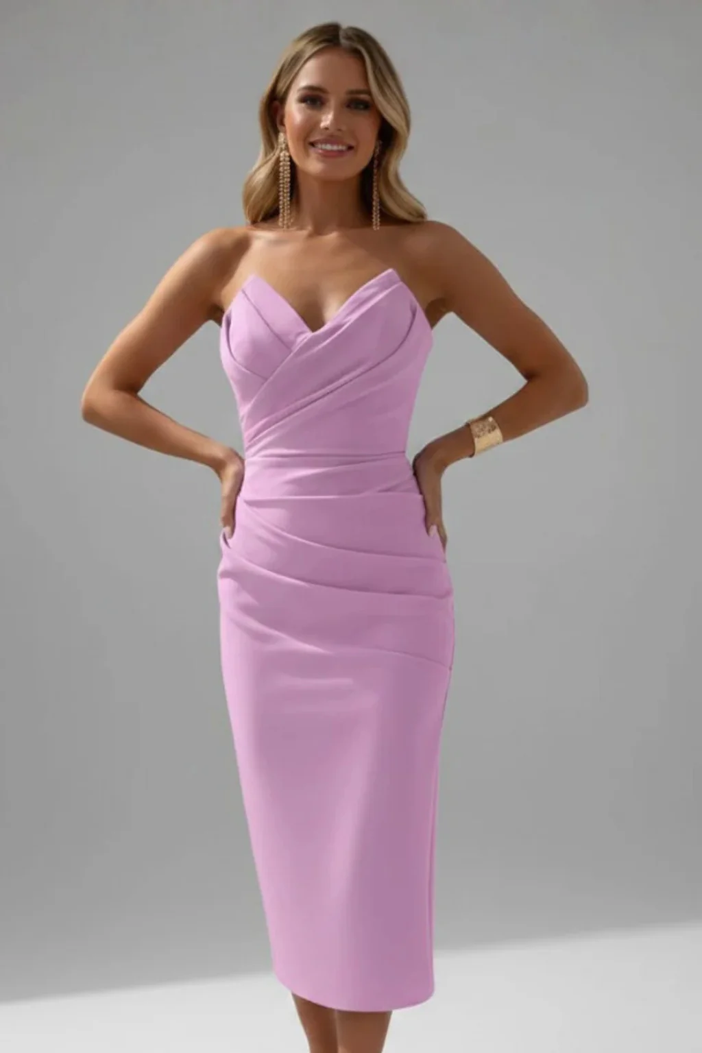 Genevieve | Women Strapless Sweetheart Neckline Ruched Midi Dress - Image 15