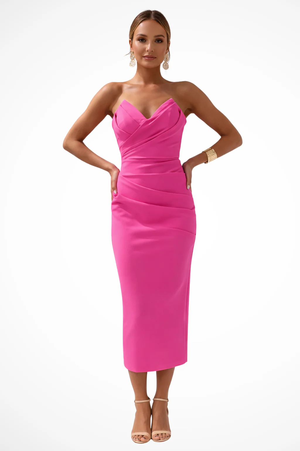 Genevieve | Women Strapless Sweetheart Neckline Ruched Midi Dress - Image 16
