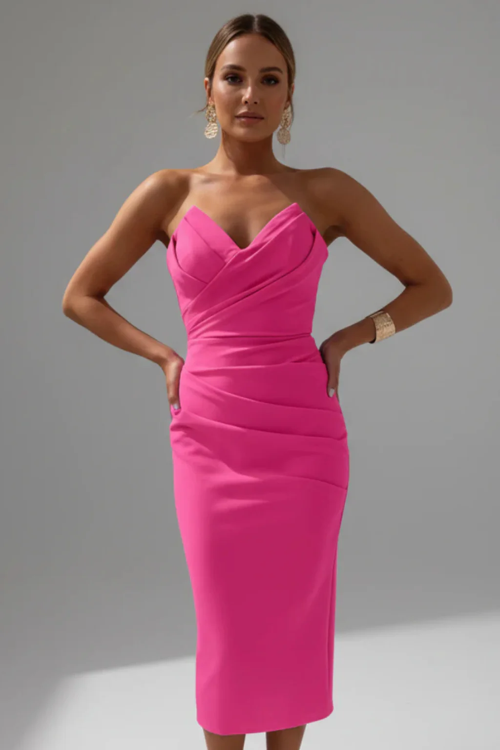 Genevieve | Women Strapless Sweetheart Neckline Ruched Midi Dress - Image 17