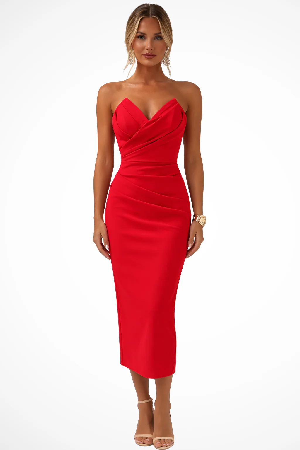 Genevieve | Women Strapless Sweetheart Neckline Ruched Midi Dress - Image 8