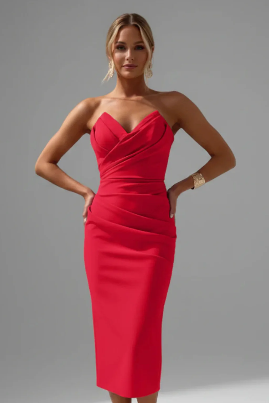 Genevieve | Women Strapless Sweetheart Neckline Ruched Midi Dress - Image 9