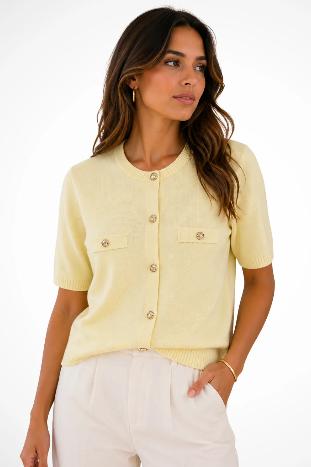 Georgina | Women Short Sleeve Round Neck Gold Button Pocket Knit Summer Cardigan - Image 3
