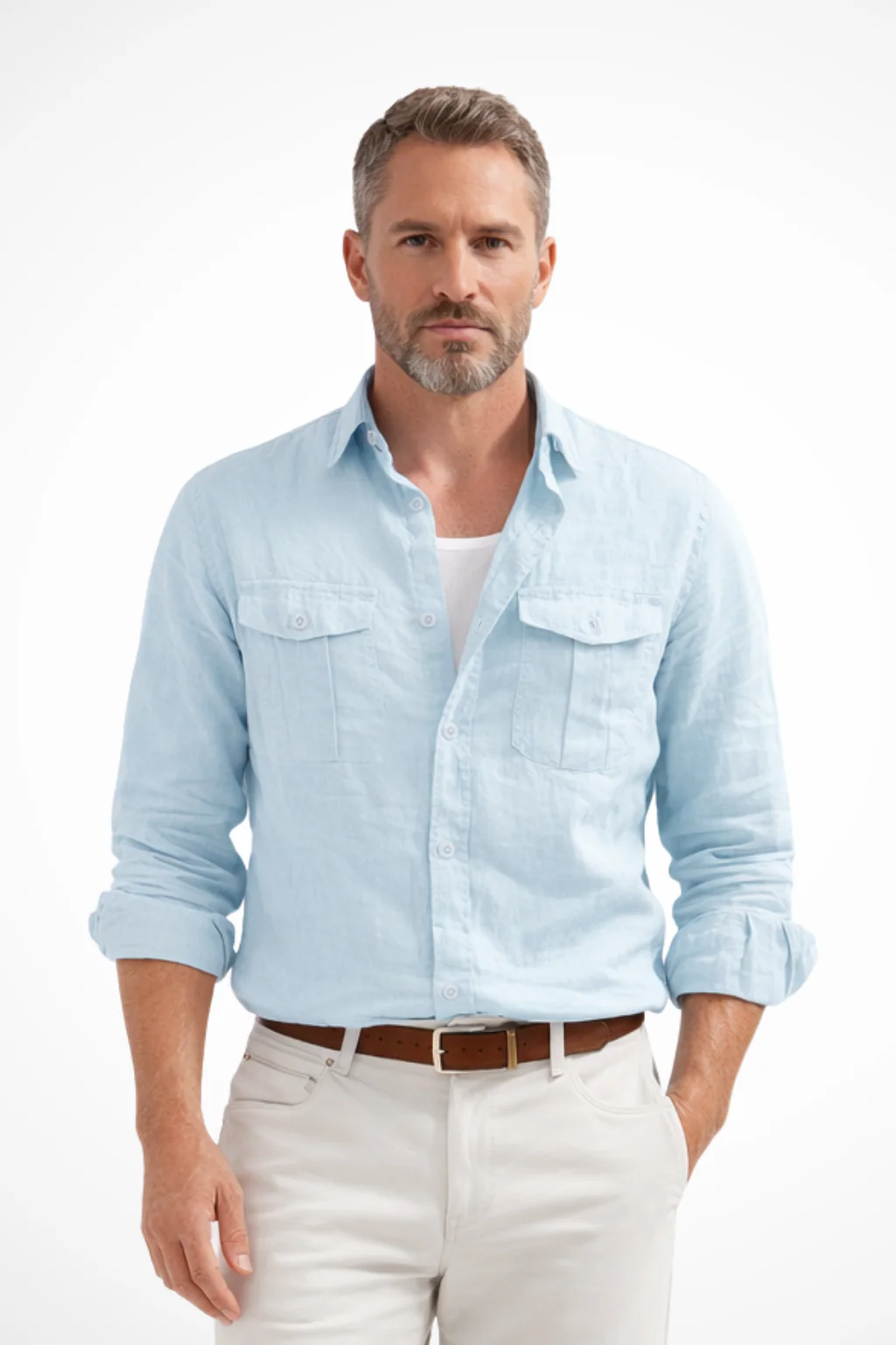 Harlow | Men Long Sleeve Double Chest Pocket Cotton Linen Casual Shirt - Image 3