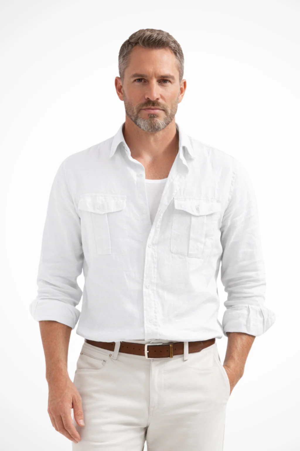 Harlow | Men Long Sleeve Double Chest Pocket Cotton Linen Casual Shirt - Image 4