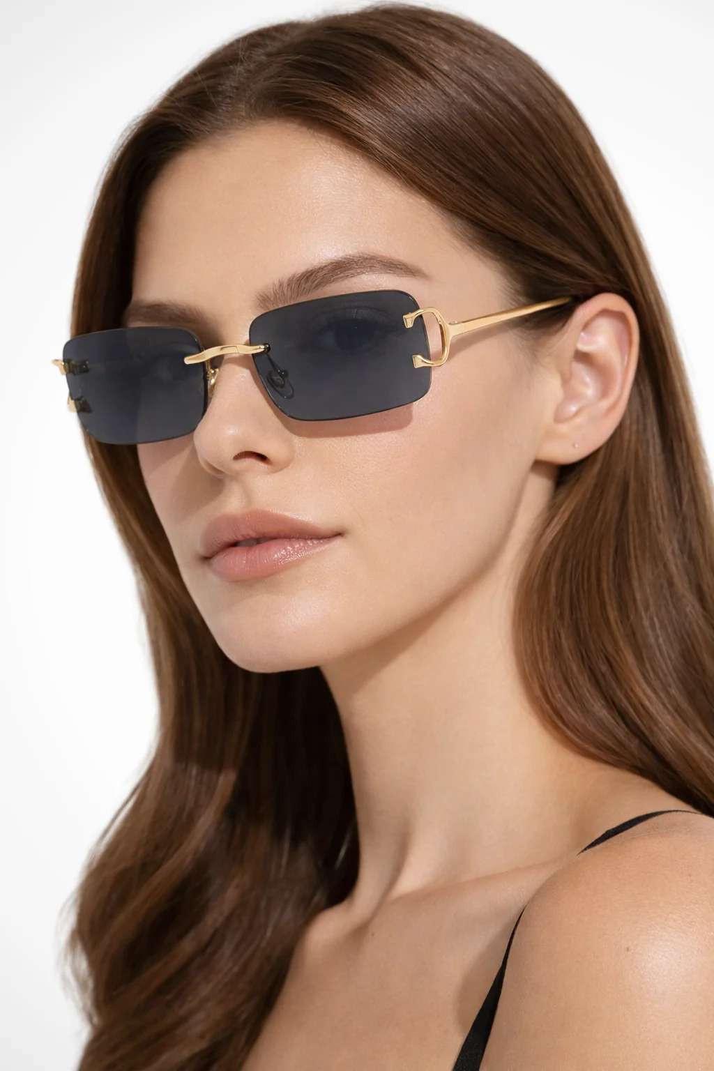 Harlow | Women Rimless Rectangle Tinted Gold Frame Sunglasses - Image 3