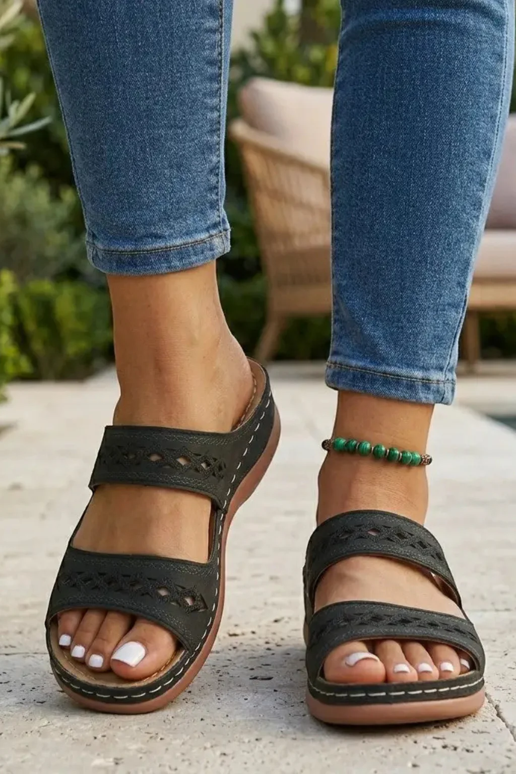 Harper | Women Stitched Two Strap Orthophedic Leather Slide Sandals - Image 7