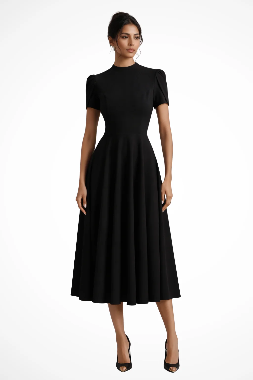 Harriet | Women Mock Neck Puff Sleeve Fitted A Line Midi Wedding Guest Dress