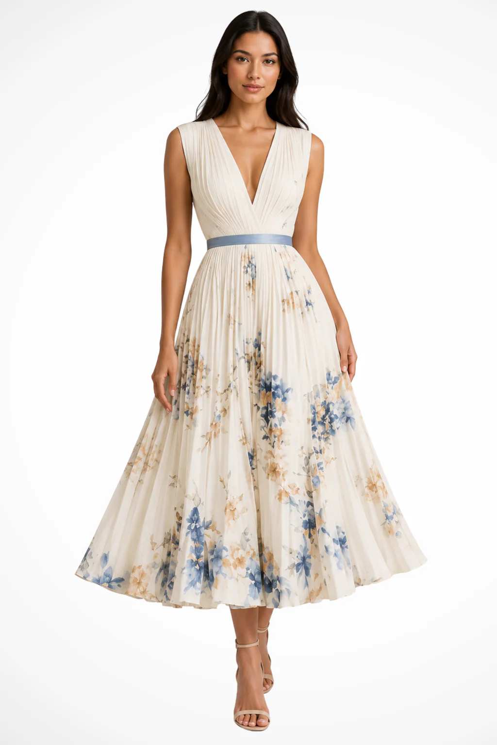 Harriet | Women V Neck Floral Pleated Wedding Guest Petite Midi Dress
