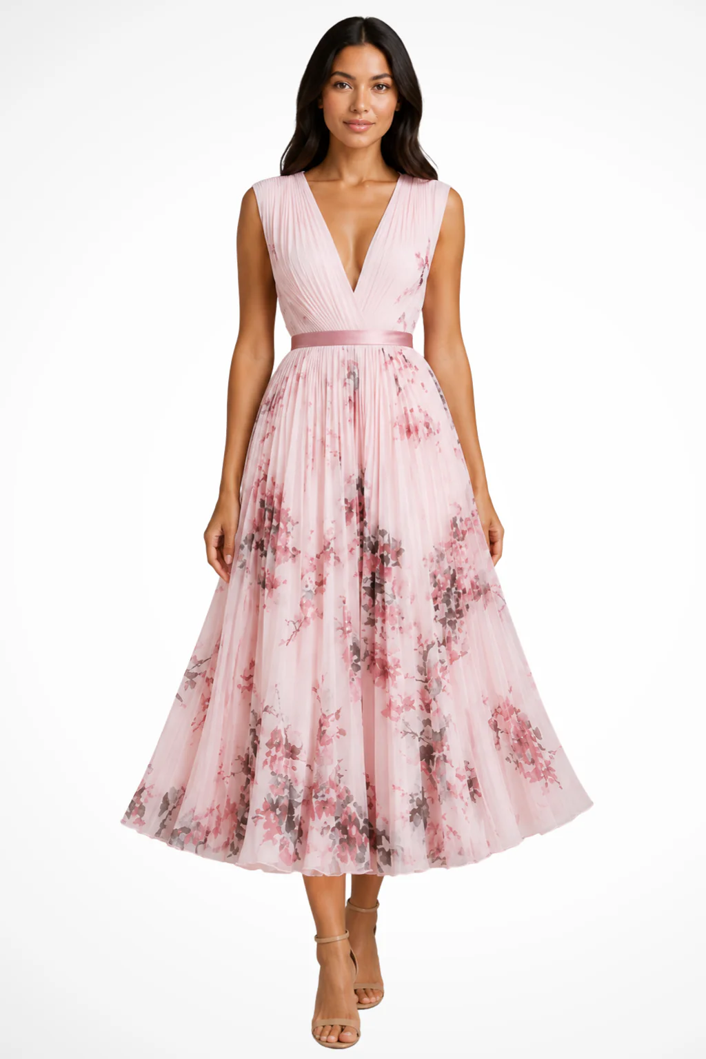 Harriet | Women V Neck Floral Pleated Wedding Guest Petite Midi Dress - Image 2