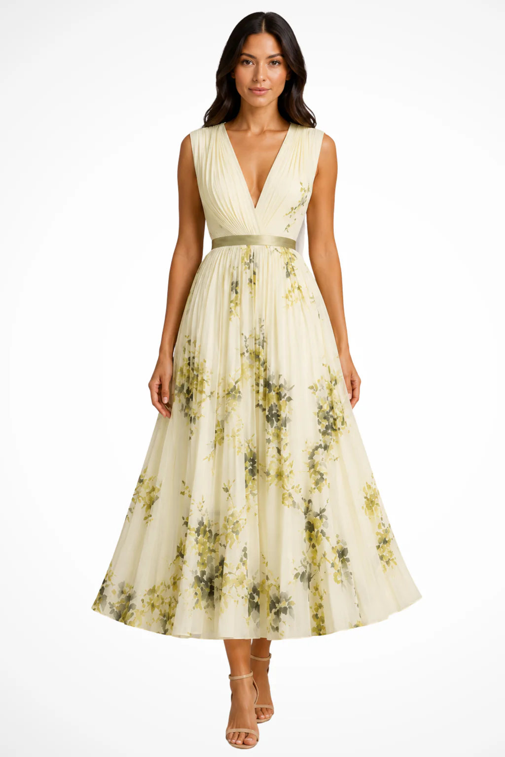 Harriet | Women V Neck Floral Pleated Wedding Guest Petite Midi Dress - Image 3