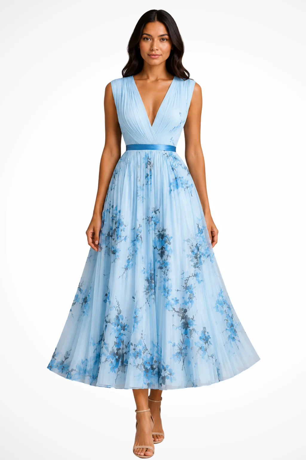 Harriet | Women V Neck Floral Pleated Wedding Guest Petite Midi Dress - Image 4