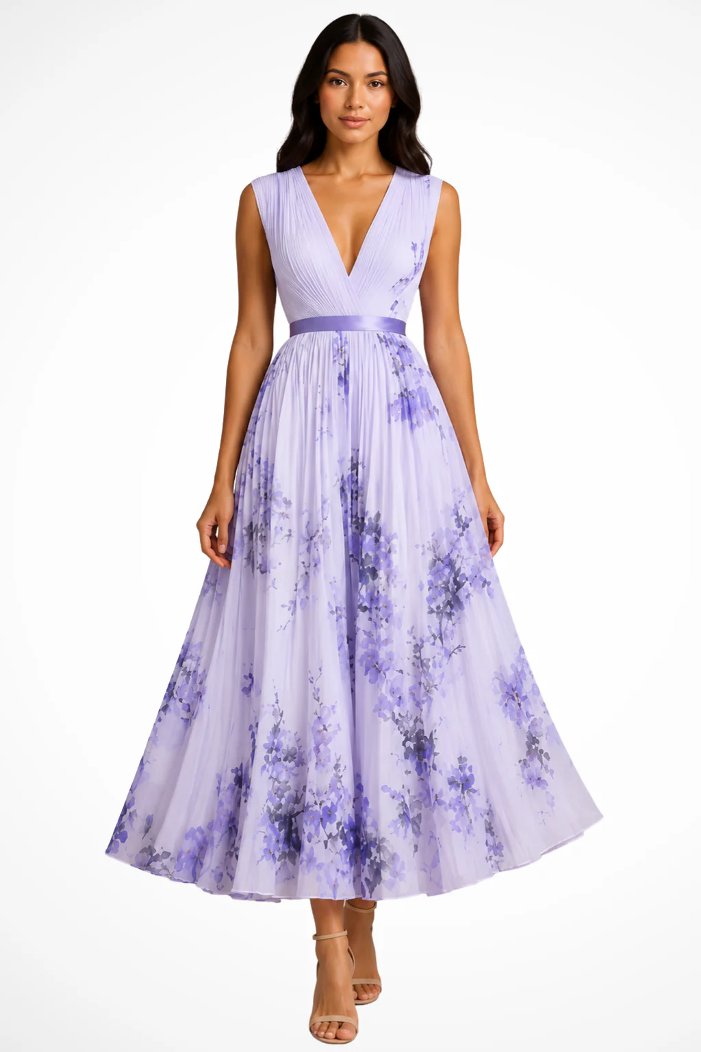 Harriet | Women V Neck Floral Pleated Wedding Guest Petite Midi Dress - Image 5