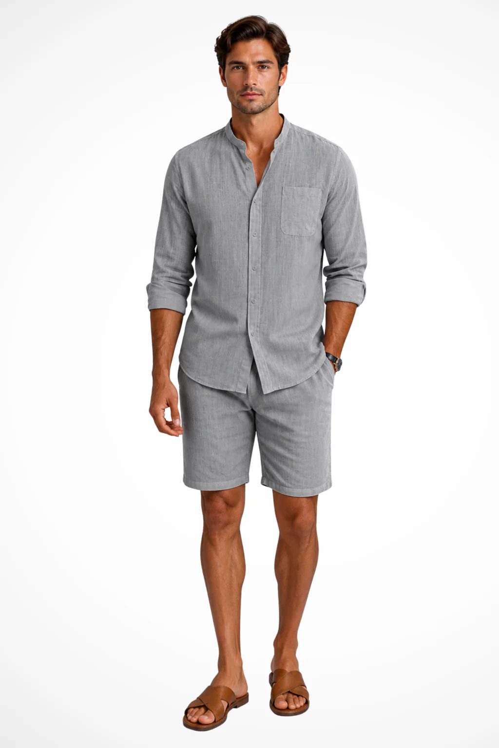 Harrison | Men Grandad Collar Linen Shirt and Shorts Set - Image 3