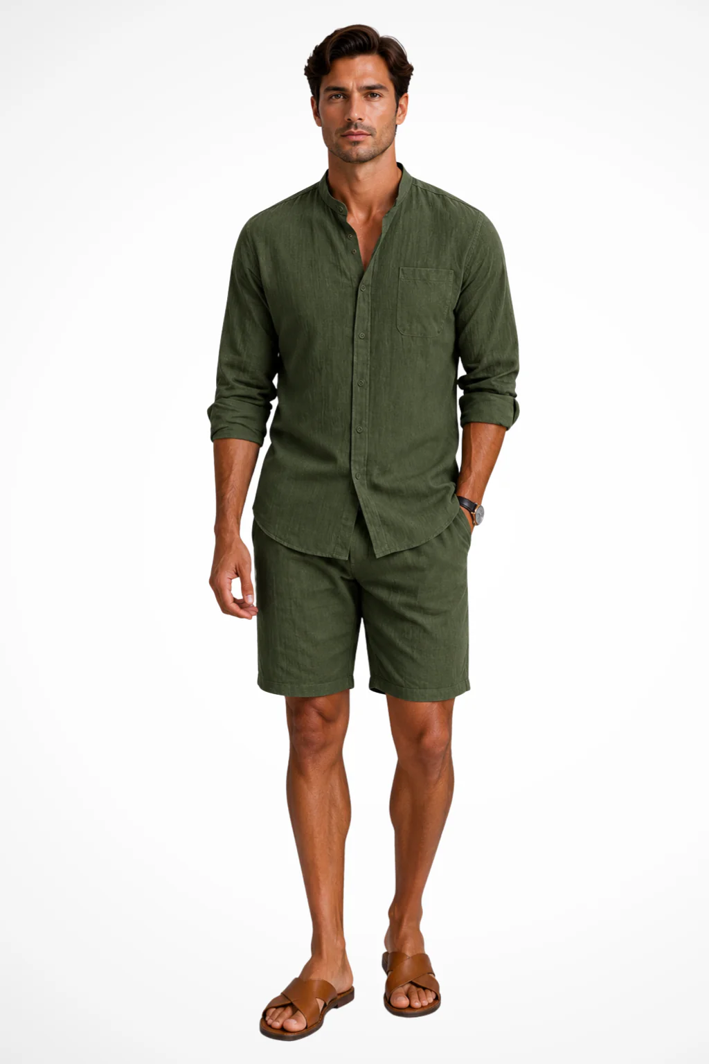Harrison | Men Grandad Collar Linen Shirt and Shorts Set - Image 4