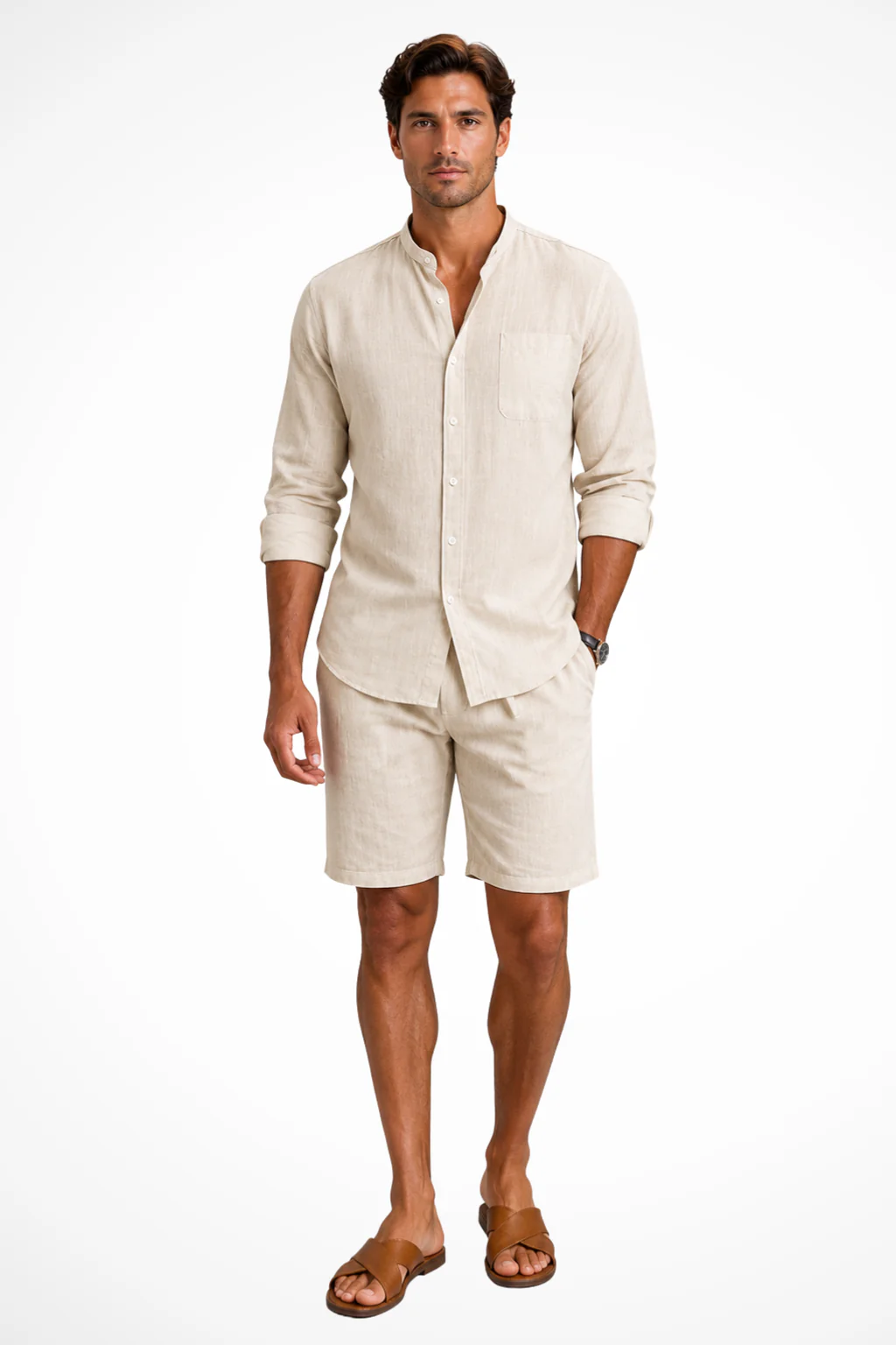 Harrison | Men Grandad Collar Linen Shirt and Shorts Set - Image 5