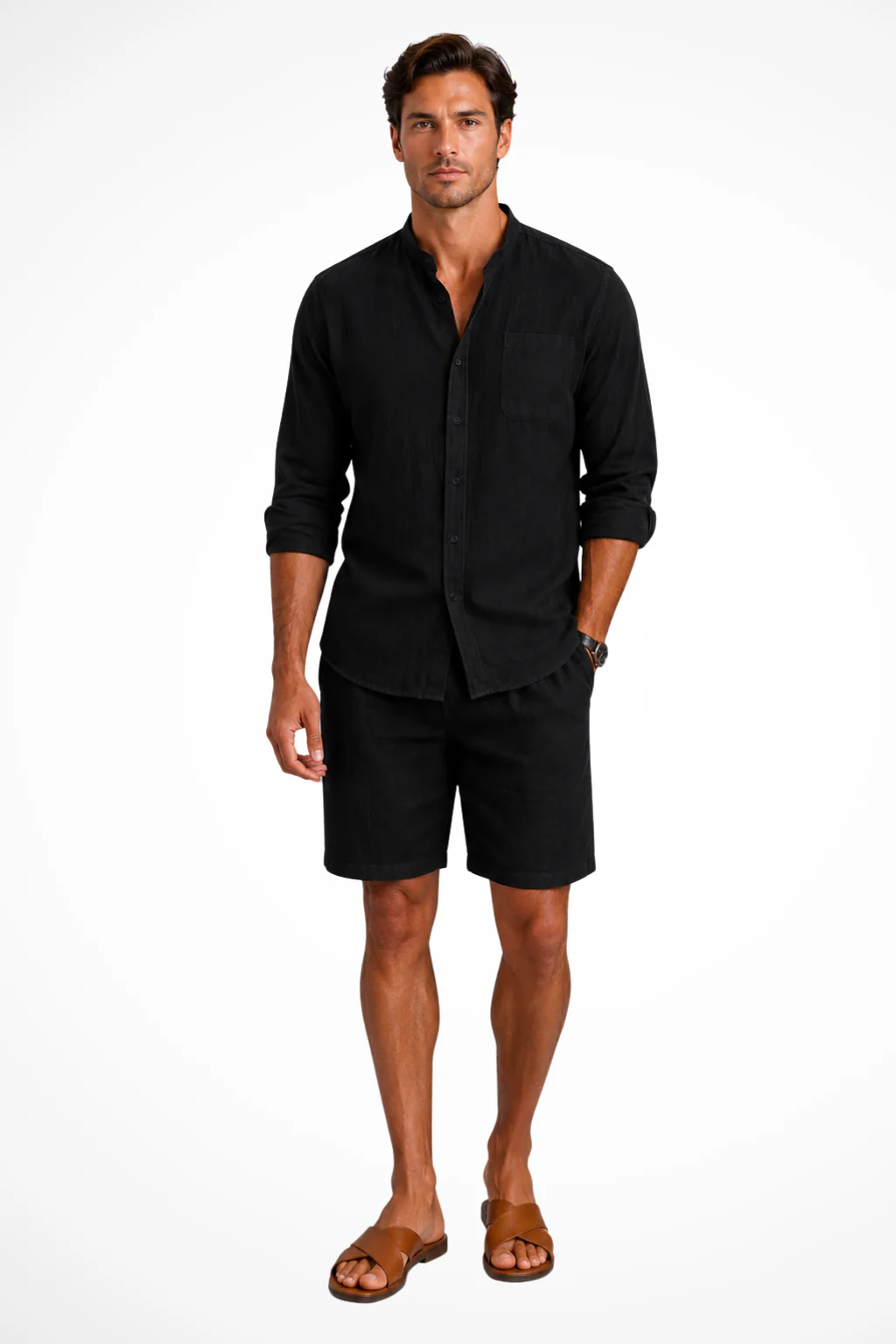 Harrison | Men Grandad Collar Linen Shirt and Shorts Set - Image 6