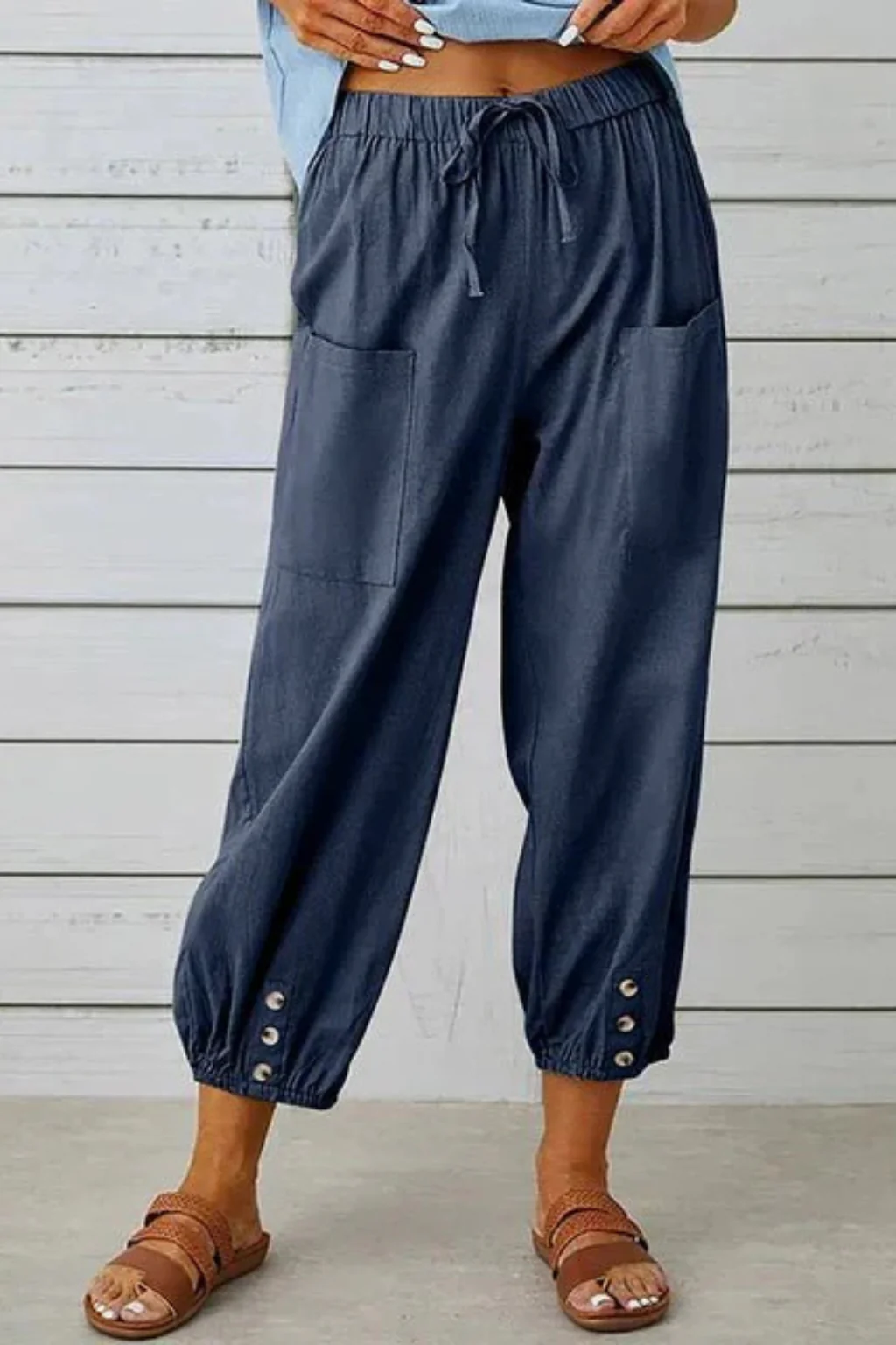 Henrietta | Women Linen Cropped Trousers with Drawstring Waist and Button Hem - Image 10