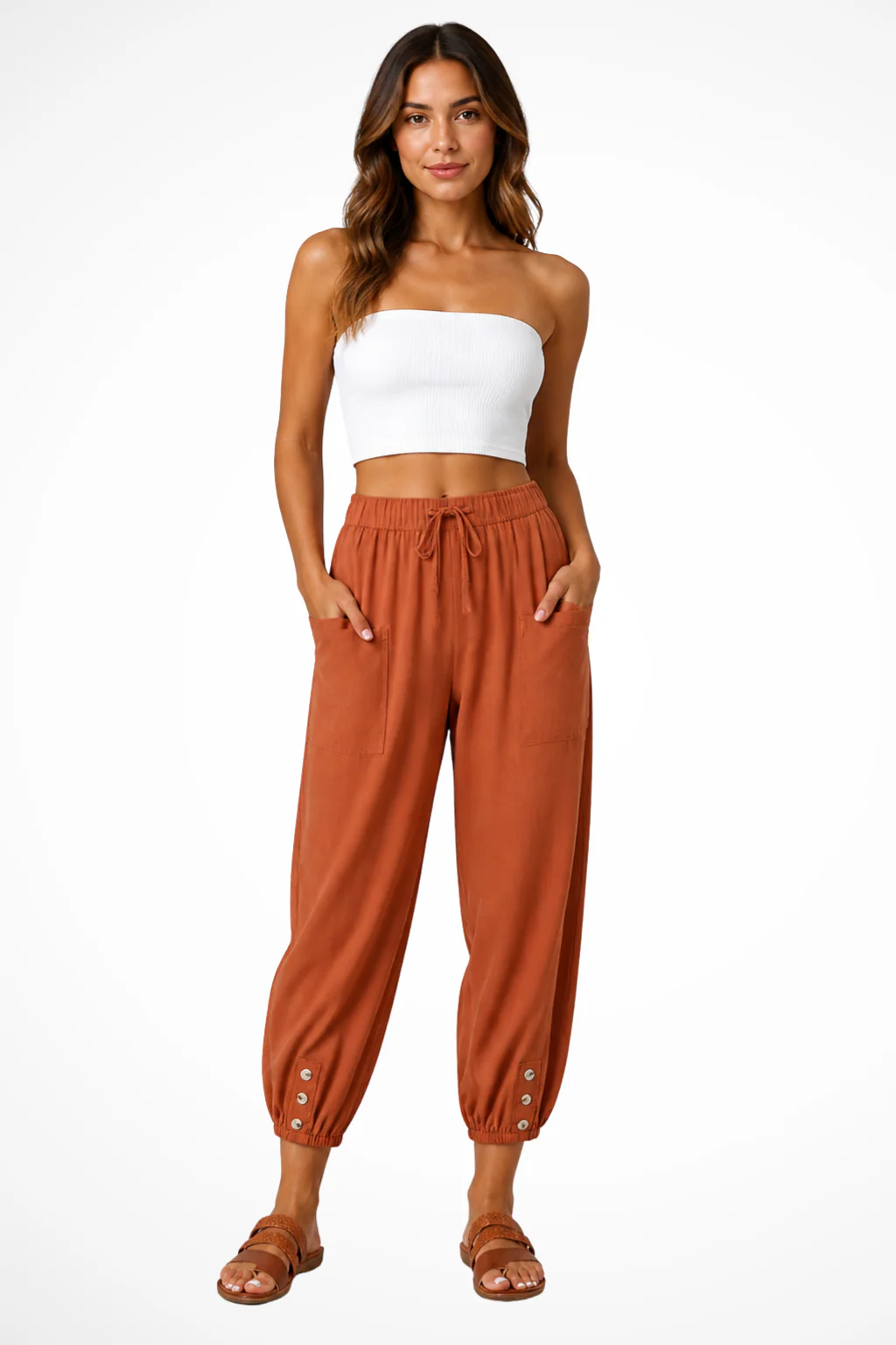 Henrietta | Women Linen Cropped Trousers with Drawstring Waist and Button Hem - Image 11