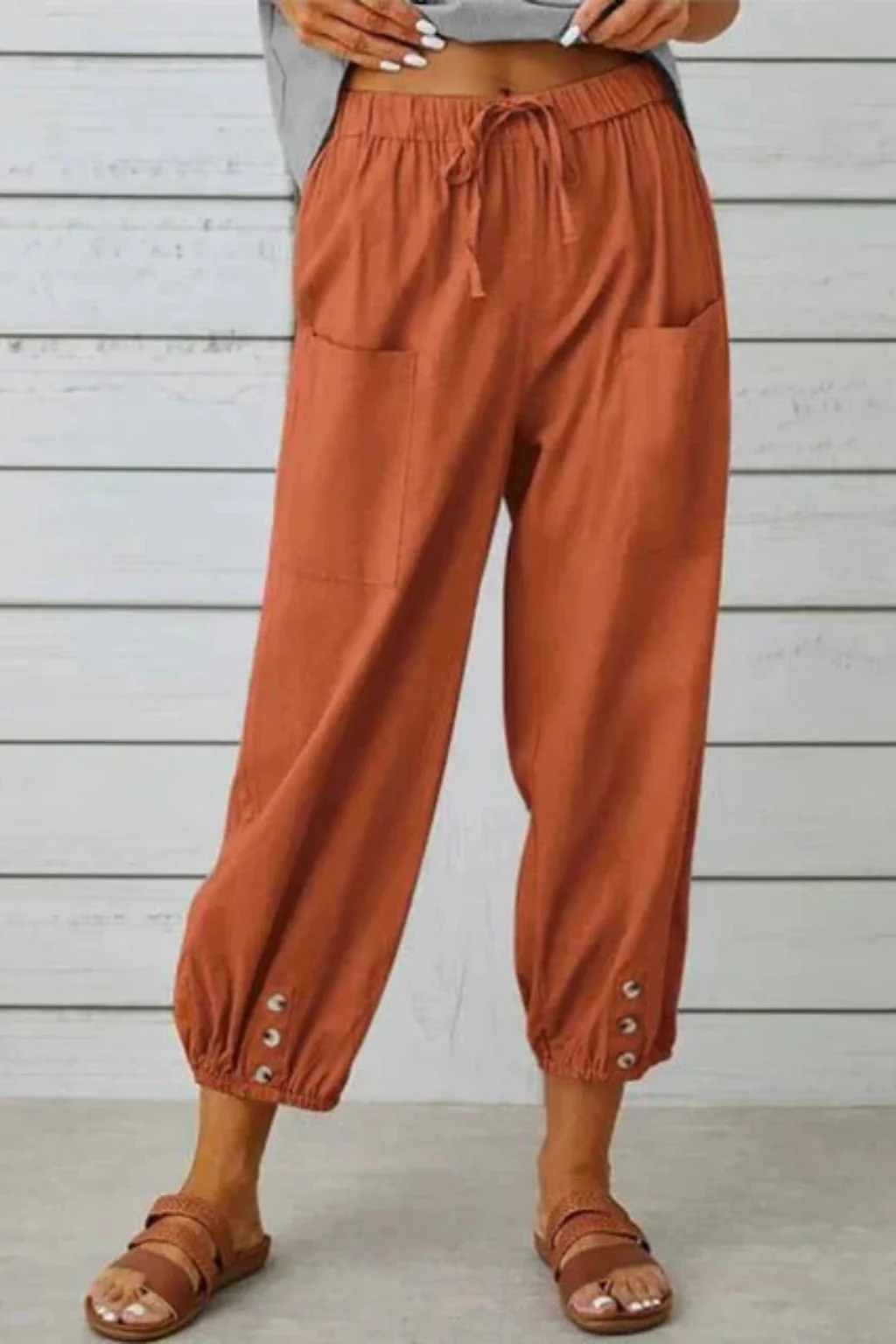 Henrietta | Women Linen Cropped Trousers with Drawstring Waist and Button Hem - Image 12