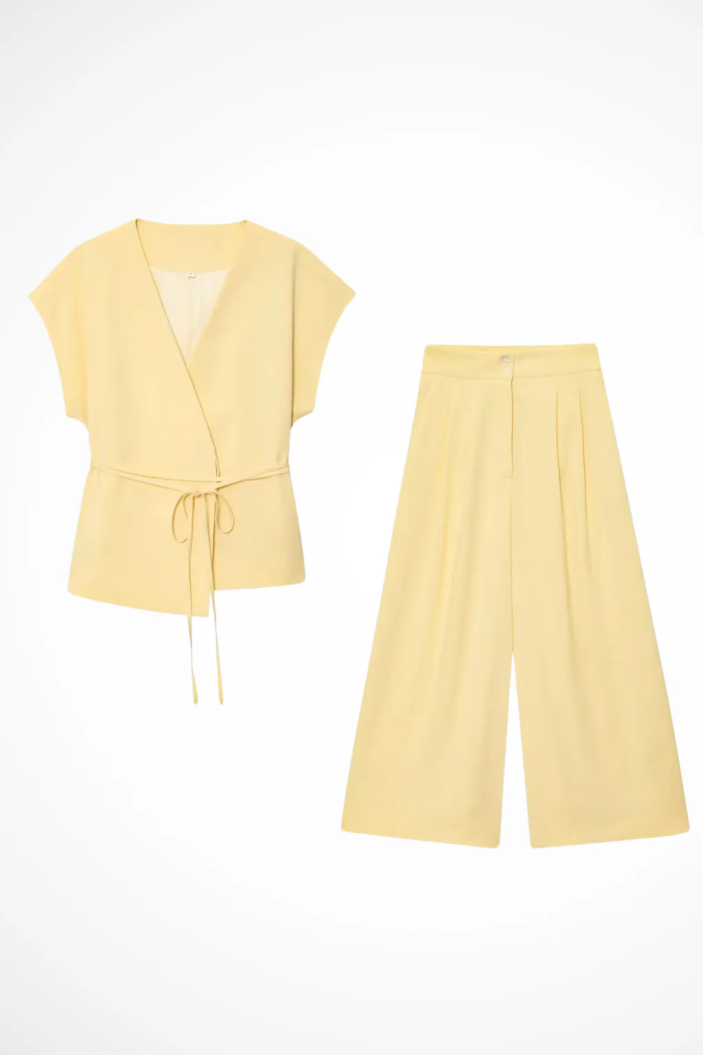 Isadora | Women Sleeveless Belted Wrap Top and Wide Leg Linen Trousers Suit Set - Image 12
