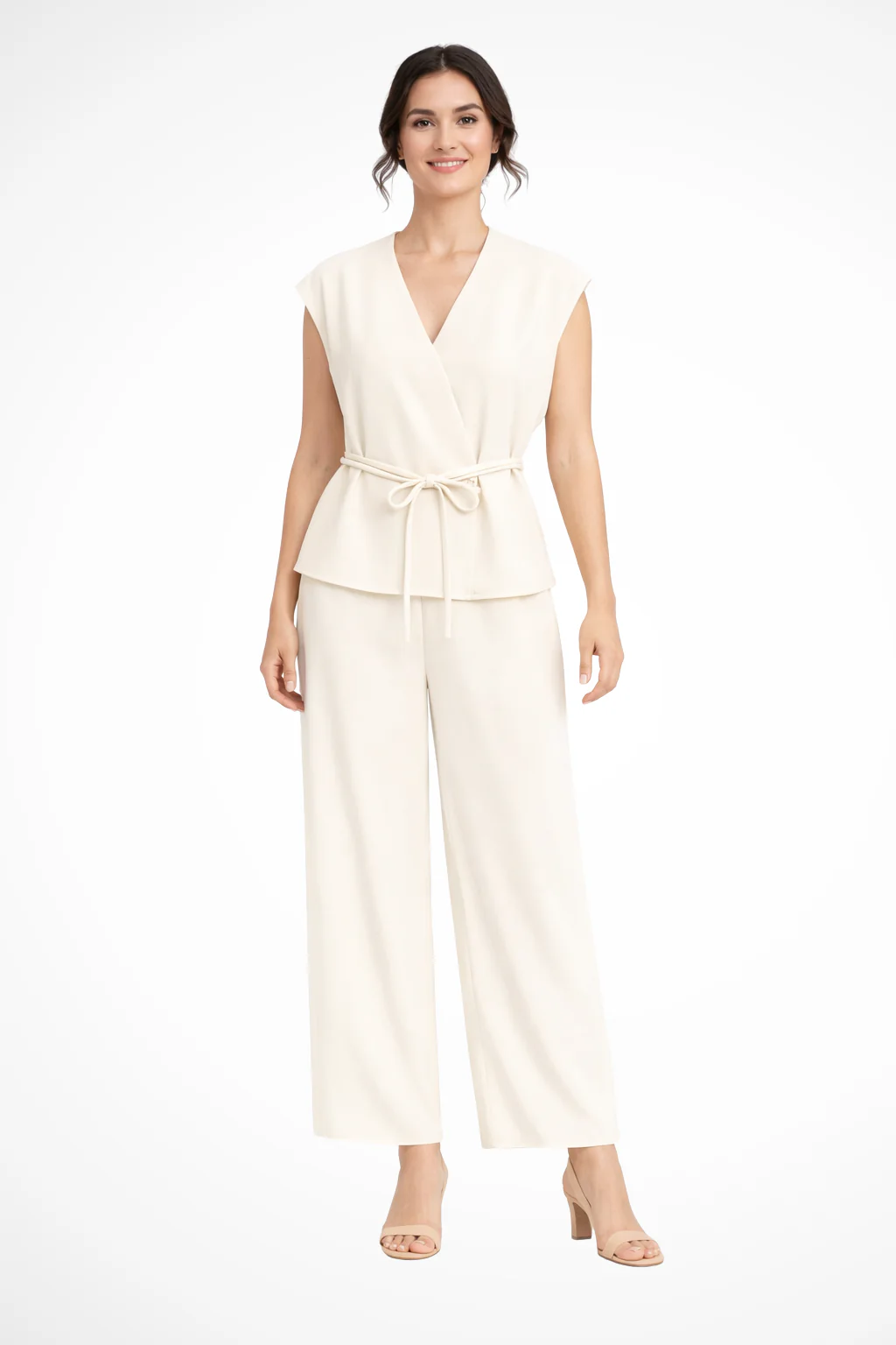 Isadora | Women Sleeveless Belted Wrap Top and Wide Leg Linen Trousers Suit Set - Image 13