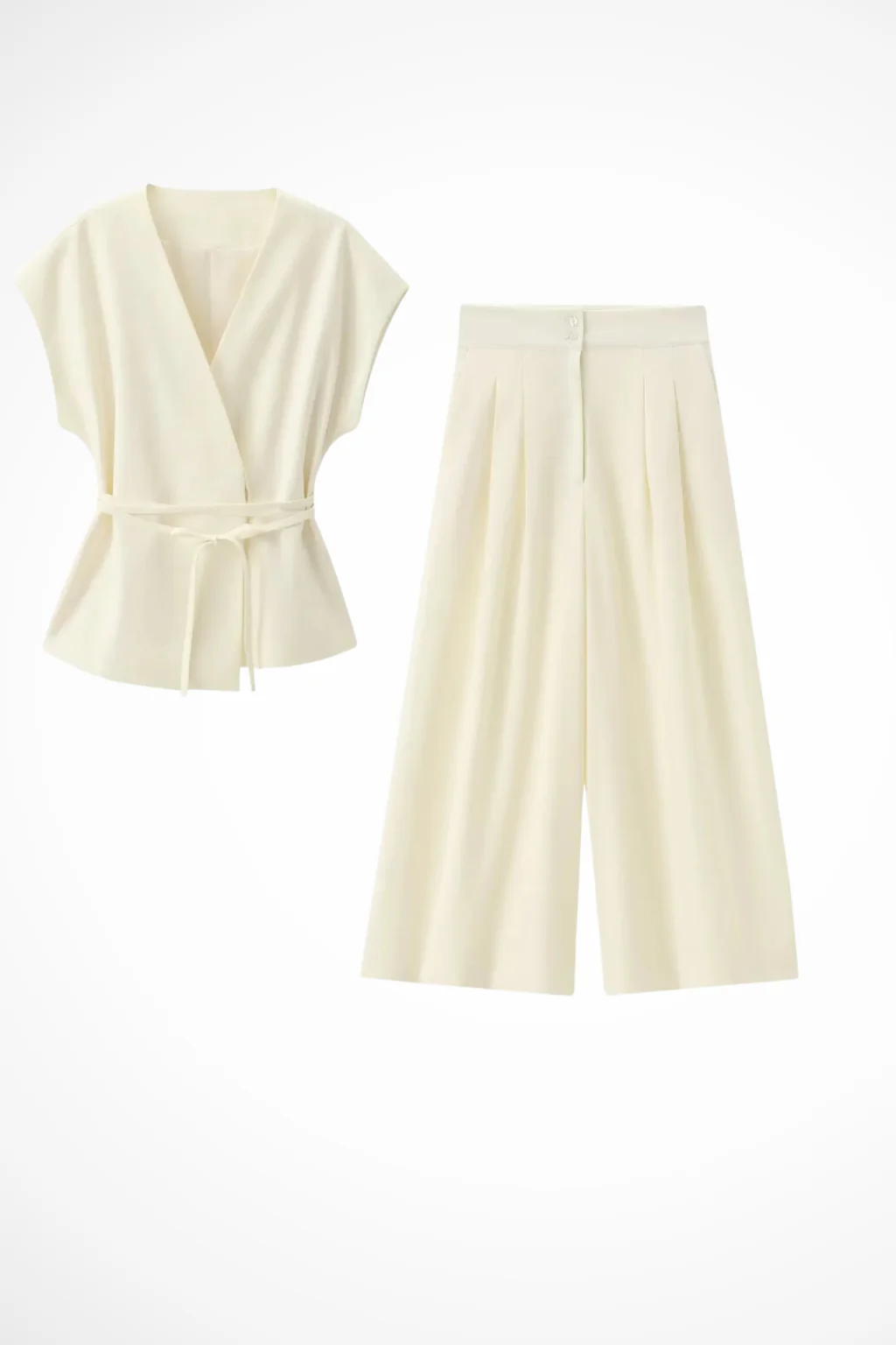 Isadora | Women Sleeveless Belted Wrap Top and Wide Leg Linen Trousers Suit Set - Image 16