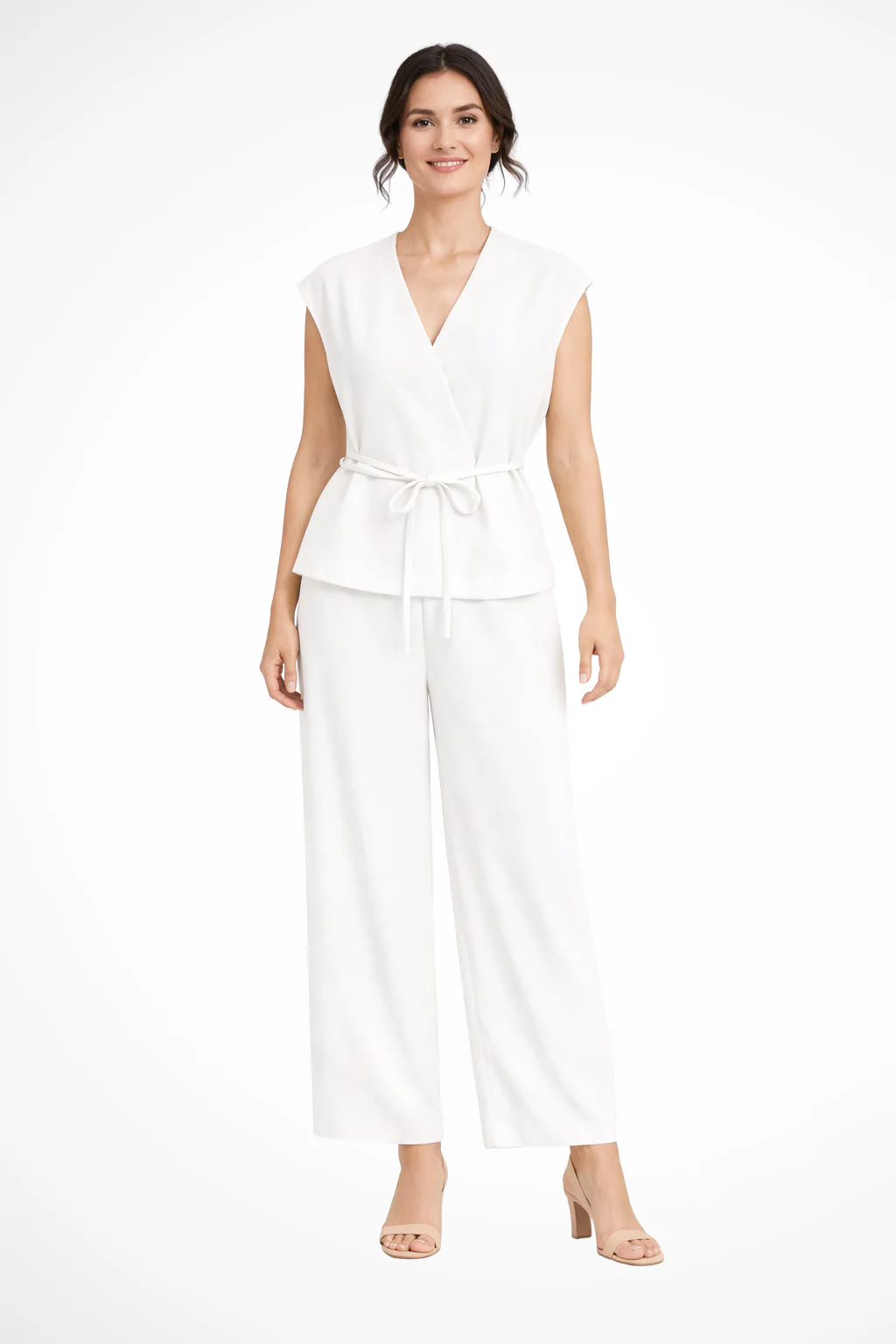 Isadora | Women Sleeveless Belted Wrap Top and Wide Leg Linen Trousers Suit Set - Image 17