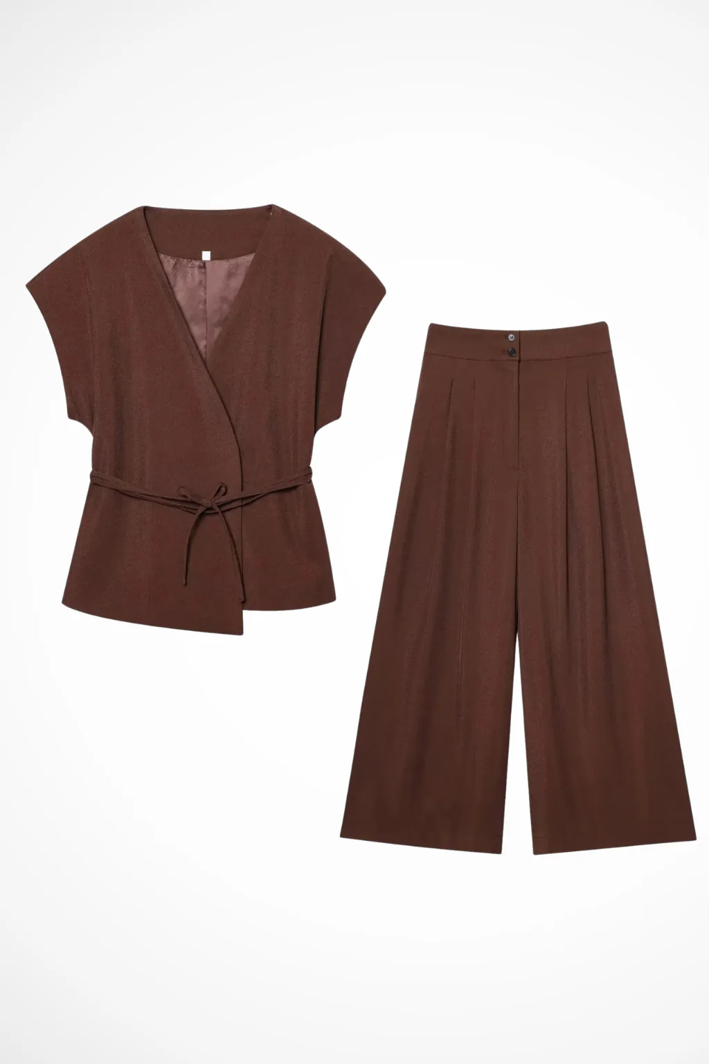 Isadora | Women Sleeveless Belted Wrap Top and Wide Leg Linen Trousers Suit Set - Image 24
