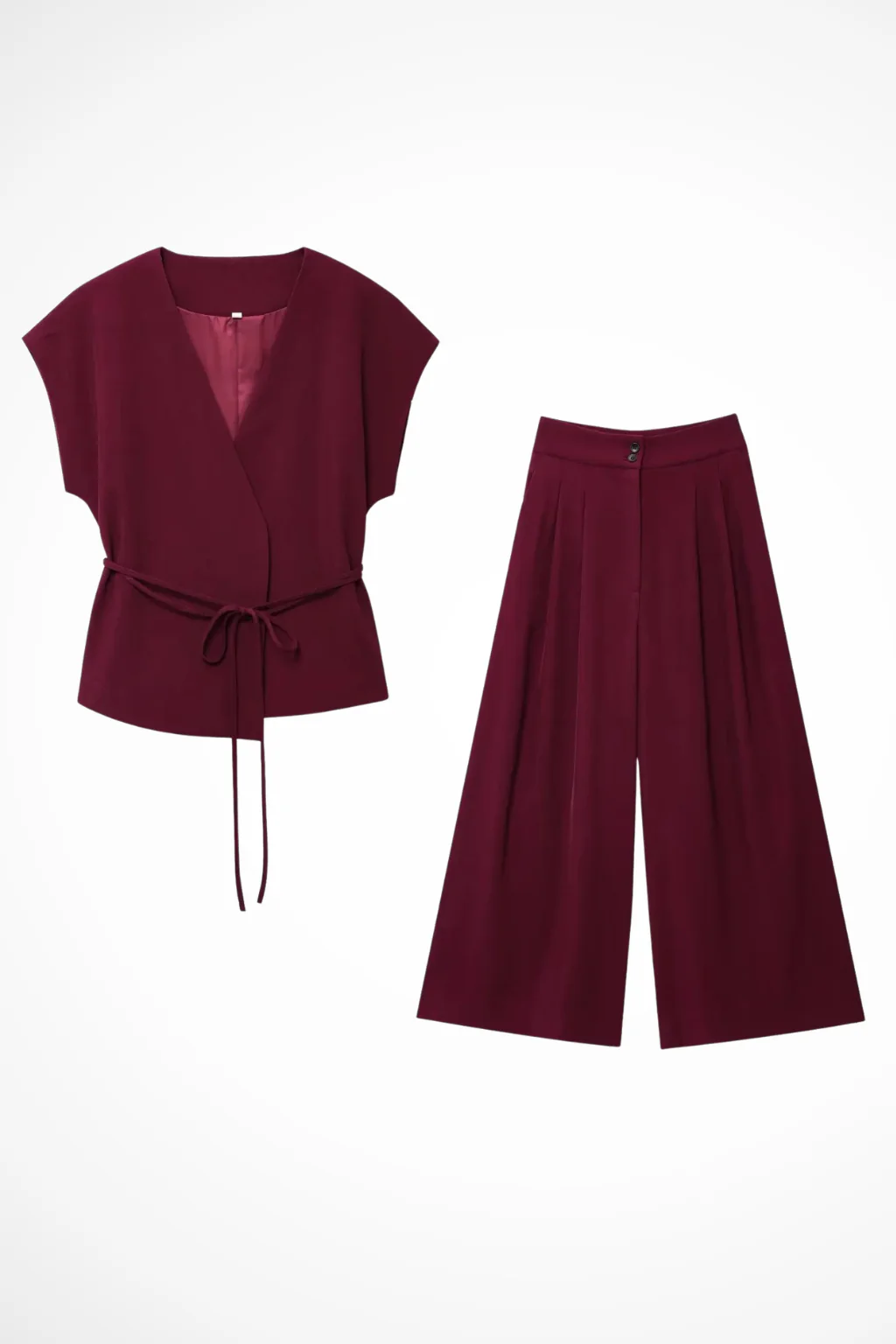 Isadora | Women Sleeveless Belted Wrap Top and Wide Leg Linen Trousers Suit Set - Image 4
