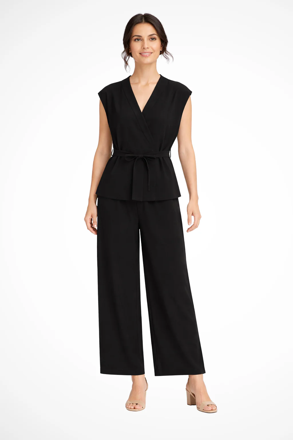 Isadora | Women Sleeveless Belted Wrap Top and Wide Leg Linen Trousers Suit Set - Image 5