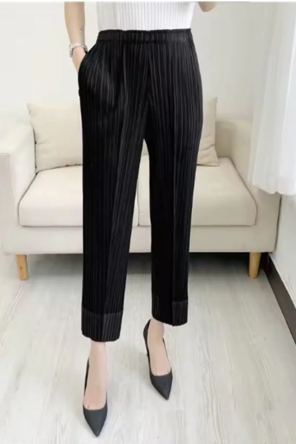 Isolde | Women Pleated Cropped Wide Leg Trousers with Elasticated Waist - Image 10