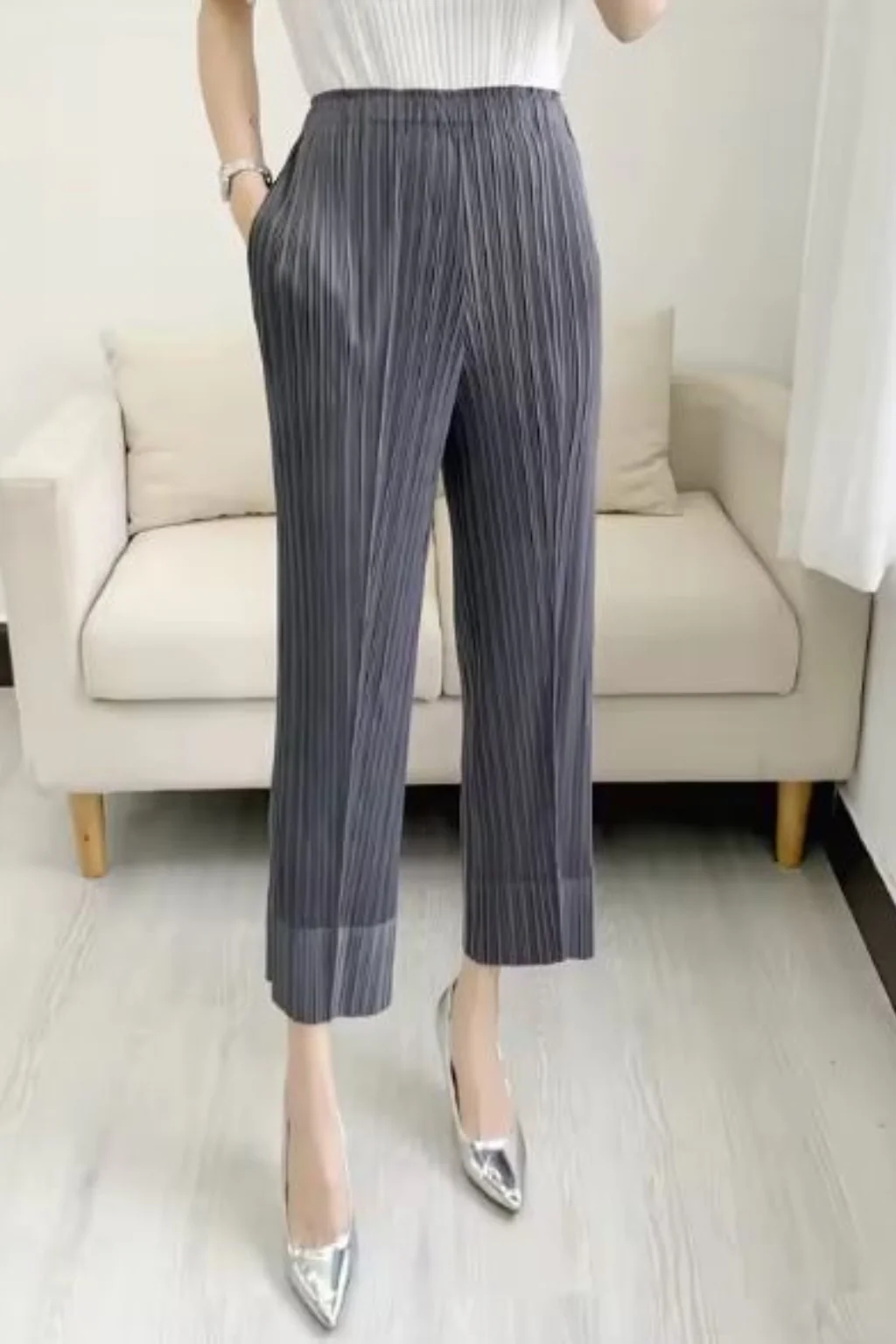 Isolde | Women Pleated Cropped Wide Leg Trousers with Elasticated Waist - Image 11