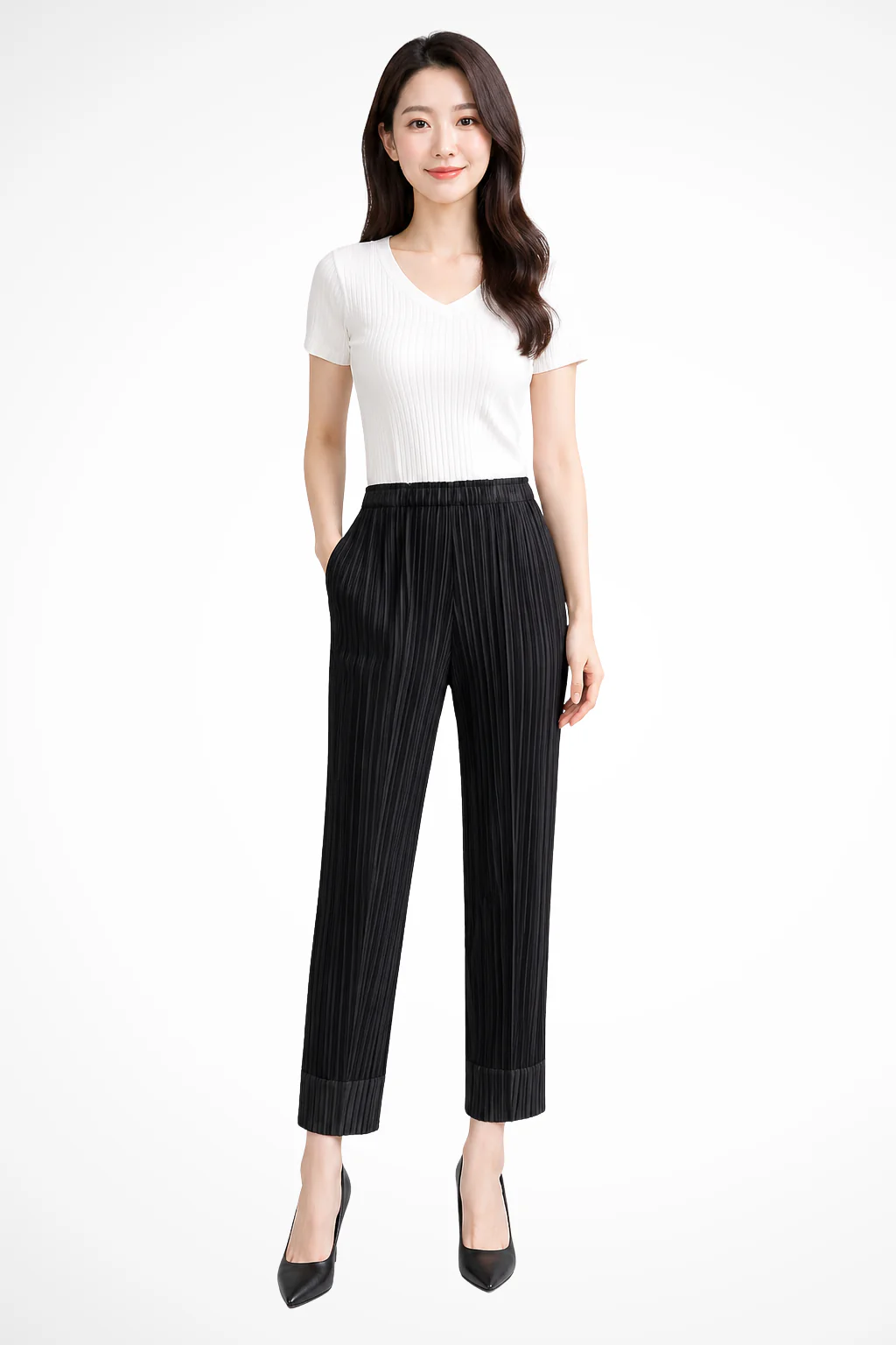 Isolde | Women Pleated Cropped Wide Leg Trousers with Elasticated Waist - Image 3