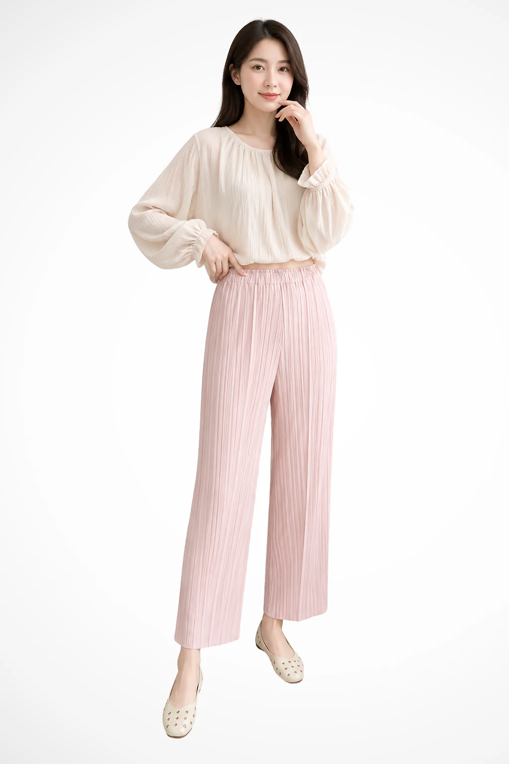 Isolde | Women Pleated Cropped Wide Leg Trousers with Elasticated Waist - Image 4