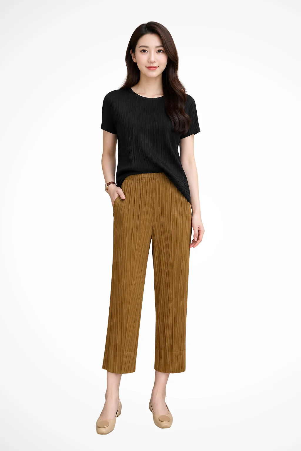 Isolde | Women Pleated Cropped Wide Leg Trousers with Elasticated Waist - Image 5