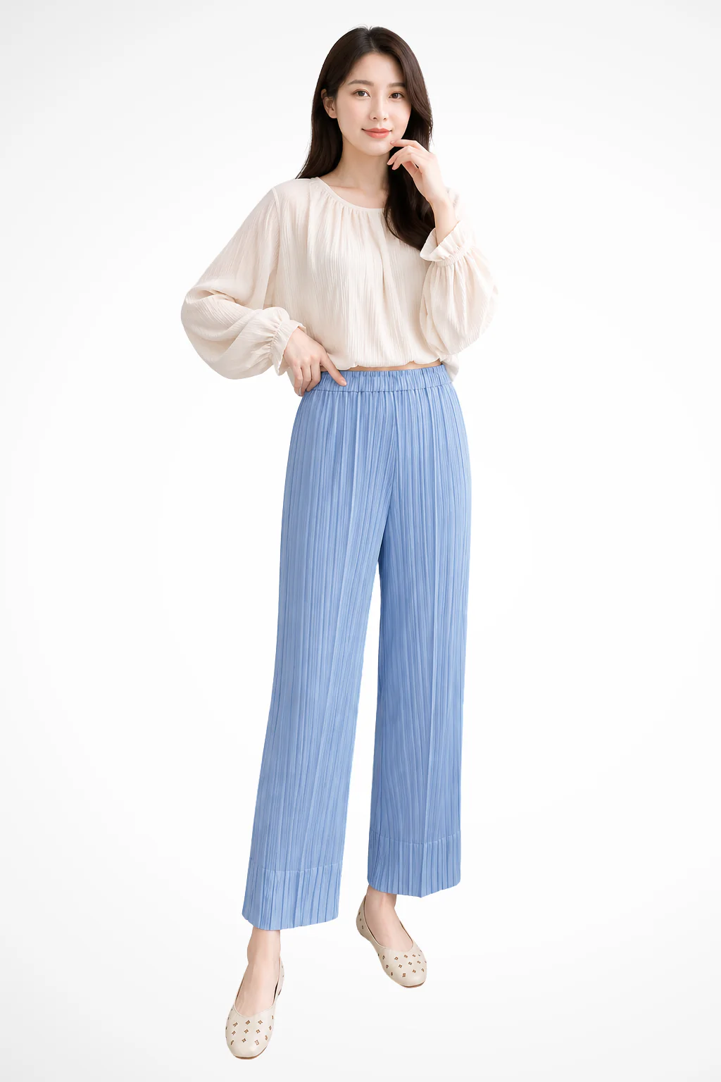 Isolde | Women Pleated Cropped Wide Leg Trousers with Elasticated Waist - Image 6