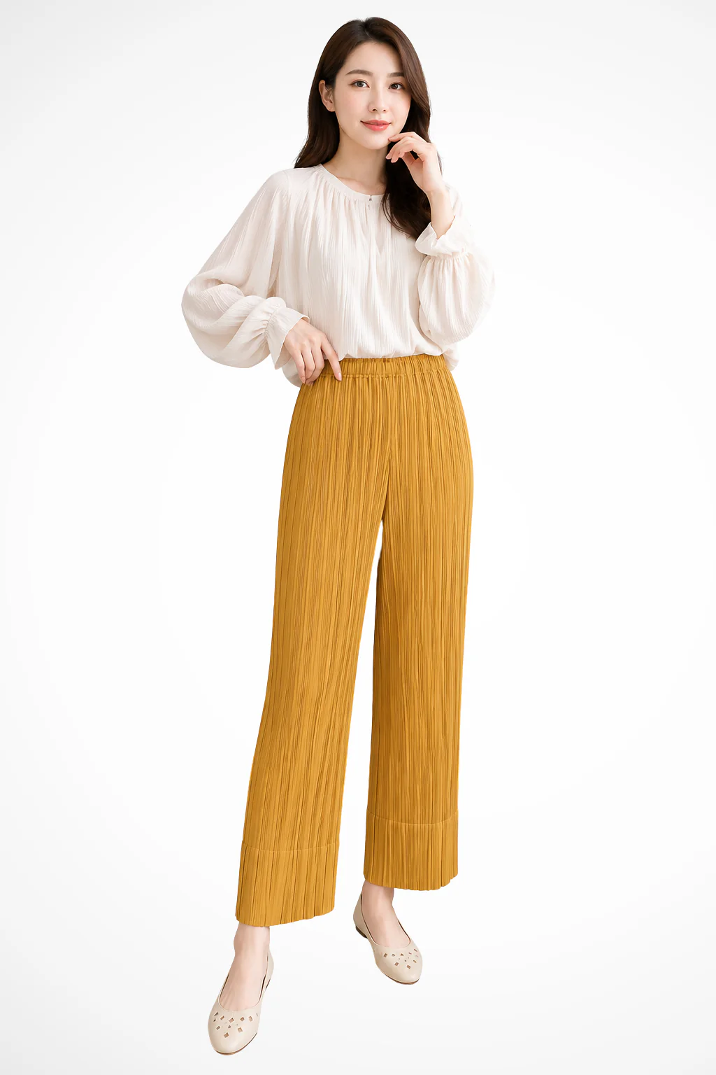 Isolde | Women Pleated Cropped Wide Leg Trousers with Elasticated Waist - Image 7