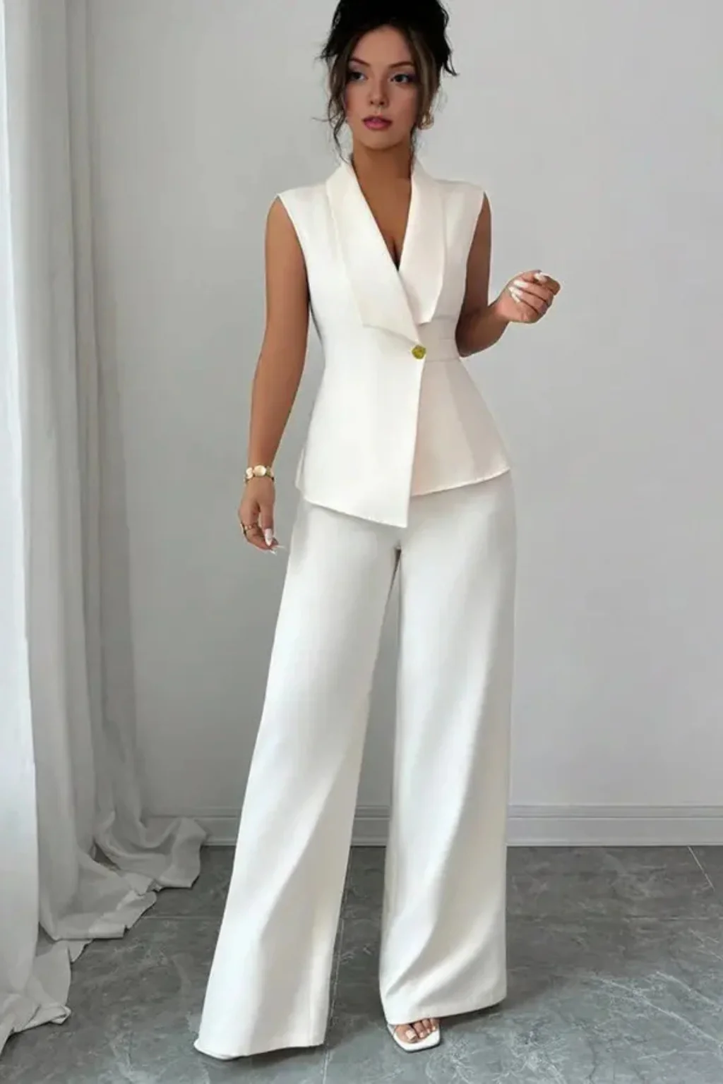 Isolde | Women Sleeveless V Neck Tailored Blazer and Wide Leg Trousers White Suit Set - Image 3