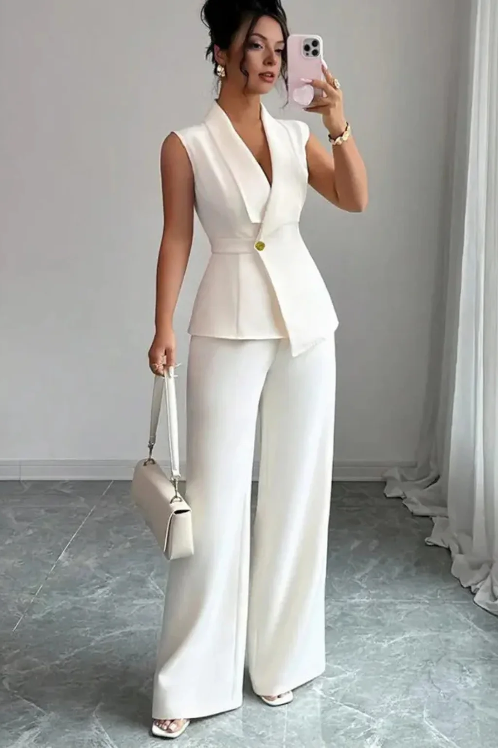 Isolde | Women Sleeveless V Neck Tailored Blazer and Wide Leg Trousers White Suit Set - Image 4