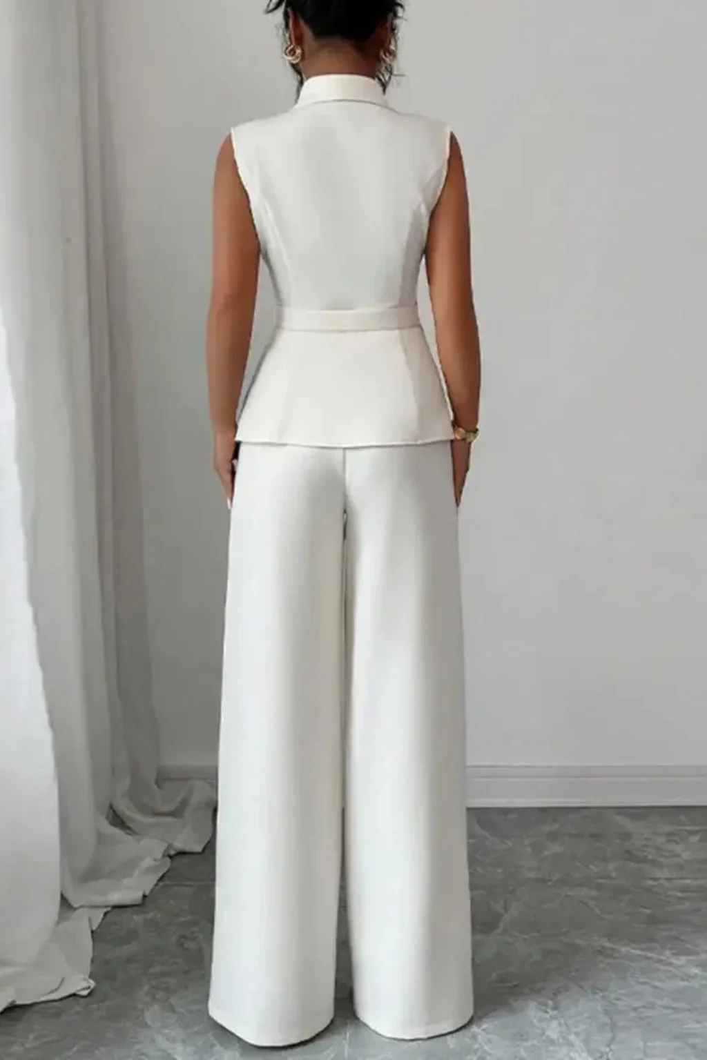 Isolde | Women Sleeveless V Neck Tailored Blazer and Wide Leg Trousers White Suit Set - Image 5