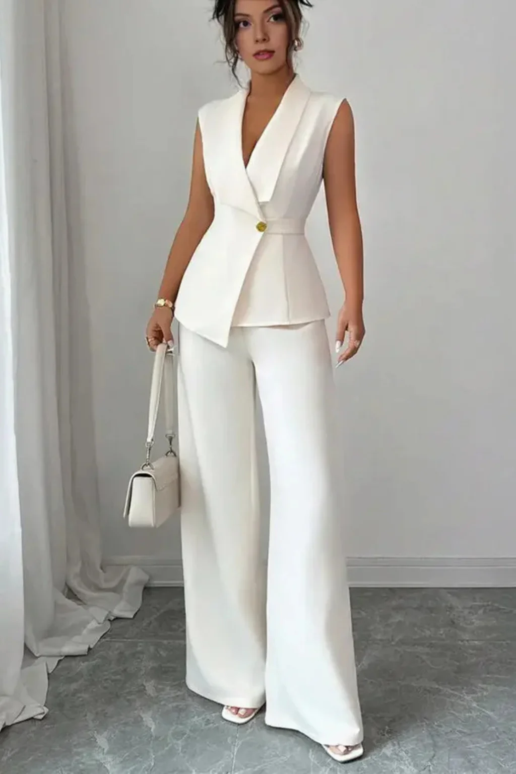 Isolde | Women Sleeveless V Neck Tailored Blazer and Wide Leg Trousers White Suit Set - Image 7
