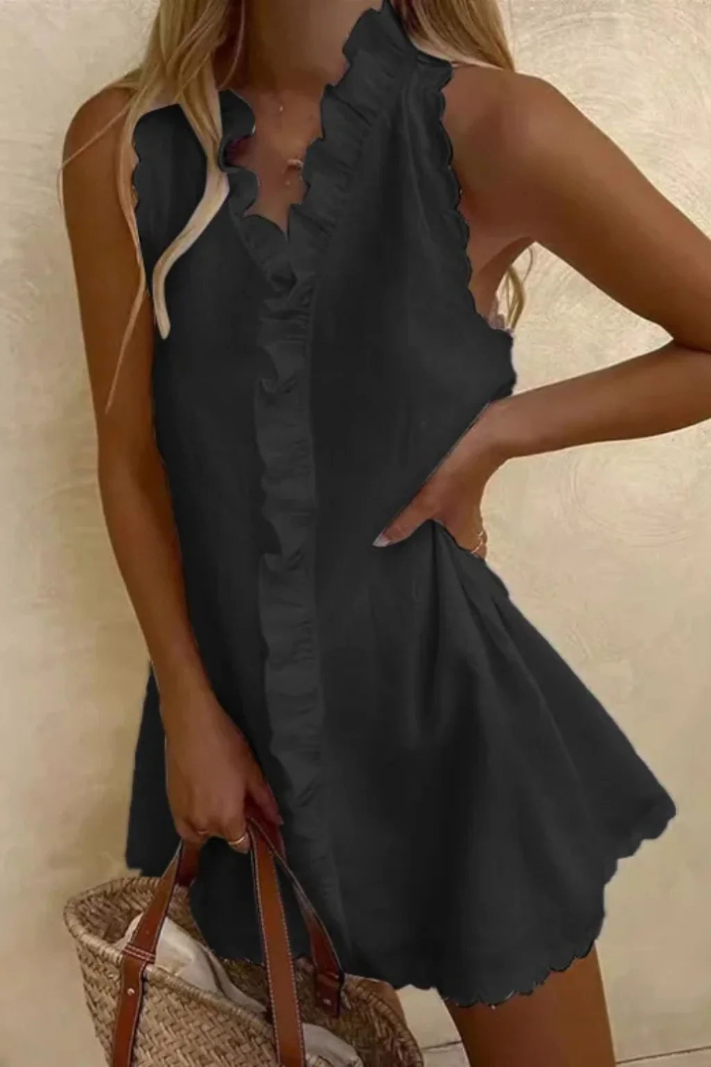 Isolde | Women V Neck Ruffle Trim Sleeveless Summer Mini Dress - Image 6