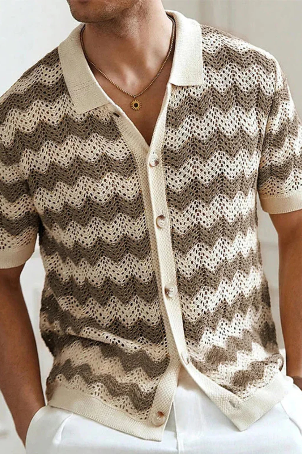 Jimmy | Men Short Sleeve Button Front Zigzag Crochet Knit Polo Shirt - Image 3