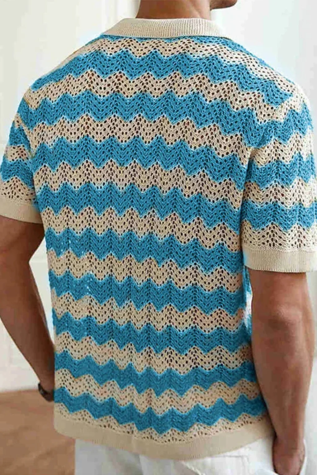 Jimmy | Men Short Sleeve Button Front Zigzag Crochet Knit Polo Shirt - Image 5